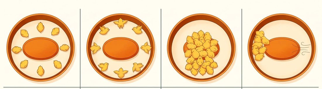 Four arrangements of chicks under the heat source: spread out normally, piled underneath, moved away and panting, and bunched to one side