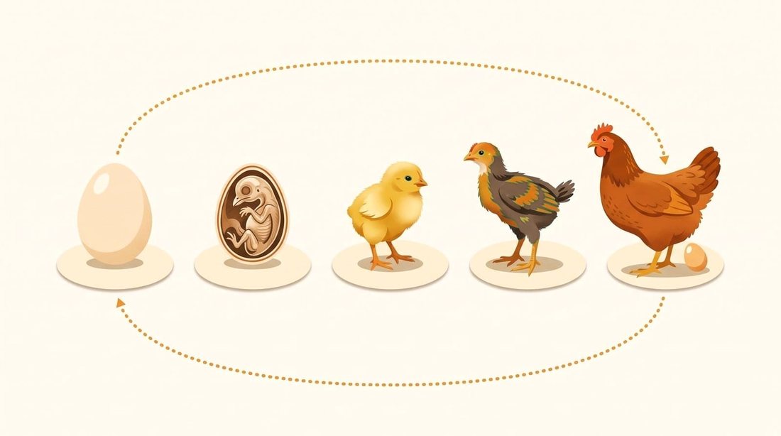 Life cycle of the hen, from egg to adult hen by way of embryo, chick and pullet