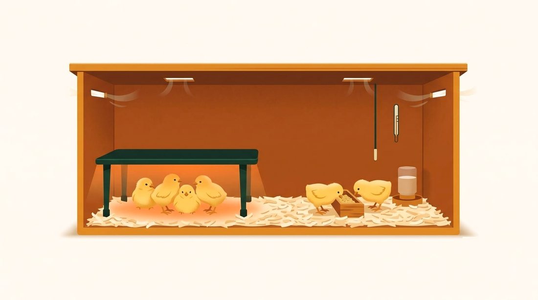 Cutaway of a brooder showing the heat plate, thermometer, drinker, feeder, bedding and ventilation